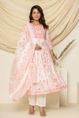 Peach embroidered cotton aari work anarkali suit 1
