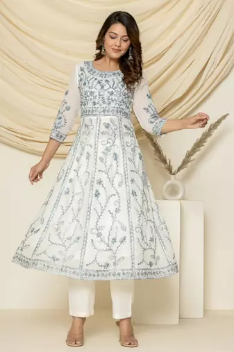 Grey embroidered cotton aari work anarkali suit