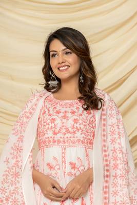 Peach embroidered cotton aari work anarkali suit 2