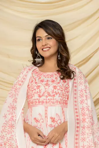 Peach embroidered cotton aari work anarkali suit