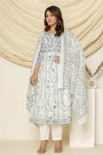 Grey embroidered cotton aari work anarkali suit
