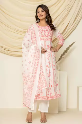 Peach embroidered cotton aari work anarkali suit