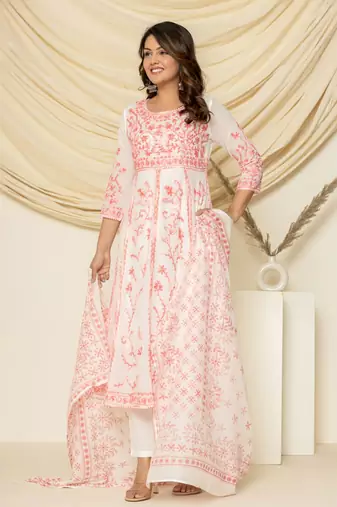 Peach embroidered cotton aari work anarkali suit