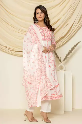 Peach embroidered cotton aari work anarkali suit