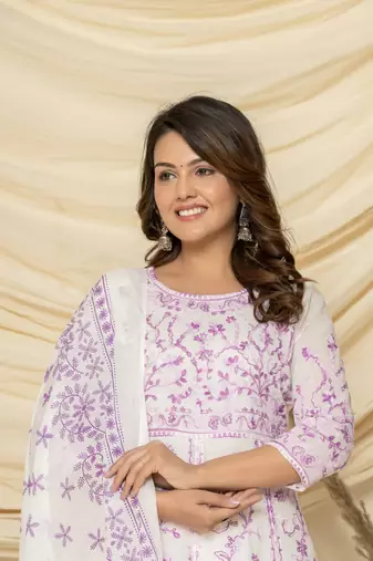 Purple embroidered cotton aari work anarkali suit