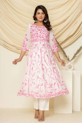 Pink embroidered cotton aari work anarkali suit 2