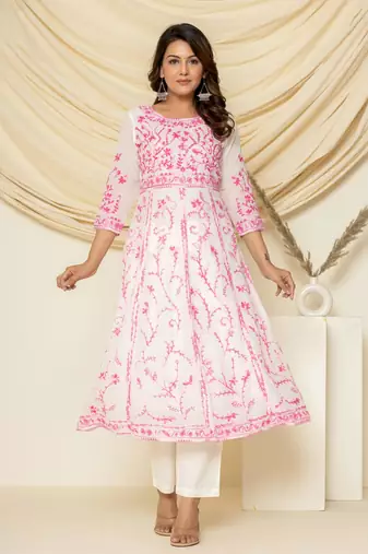 Pink embroidered cotton aari work anarkali suit