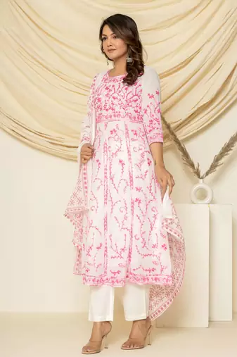 Pink embroidered cotton aari work anarkali suit