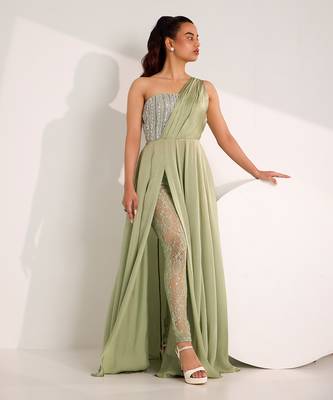 Mint green mix media embroidery satin gown 1