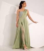 Mint green mix media embroidery satin gown
