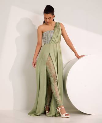 Mint green mix media embroidery satin gown 2