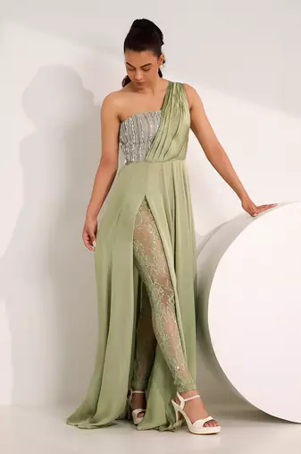 Mint green mix media embroidery satin gown