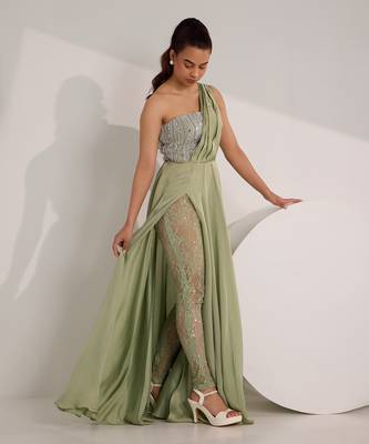 Mint green mix media embroidery satin gown 3
