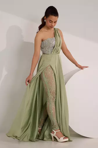 Mint green mix media embroidery satin gown