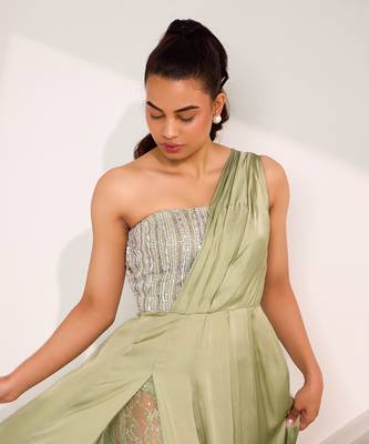 Mint green mix media embroidery satin gown 4