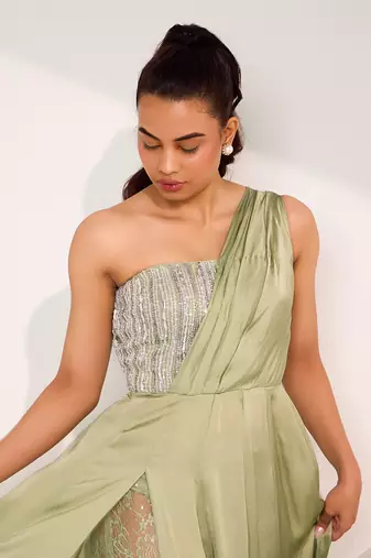 Mint green mix media embroidery satin gown