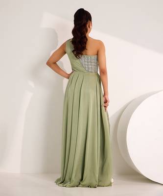 Mint green mix media embroidery satin gown 5
