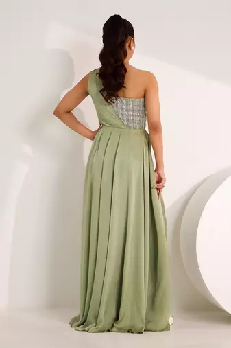 Mint green mix media embroidery satin gown