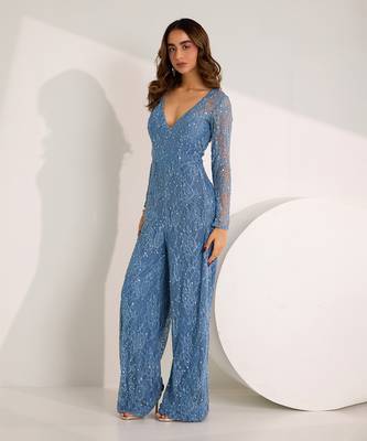 Blue embroidery lace lycra jumpsuit 1
