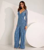 Blue embroidery lace lycra jumpsuit
