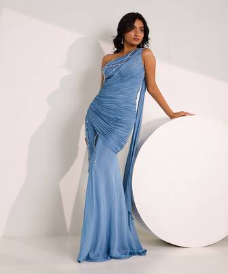 Blue embroidery lace lycra jumpsuit 1