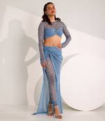 Blue soft net embellished elvi snowflake attached skirt leggings with top