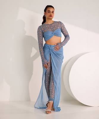 Blue soft net embellished elvi snowflake attached skirt leggings with top 3