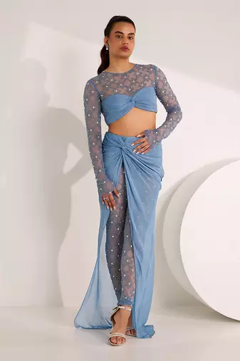 Blue soft net embellished elvi snowflake attached skirt leggings with top