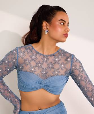Blue soft net embellished elvi snowflake attached skirt leggings with top 4