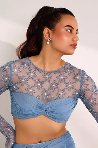 Blue soft net embellished elvi snowflake attached skirt leggings with top