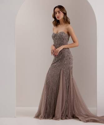 Grey soft net embellished crystal sweetheart zielle mermaid trail gown 1