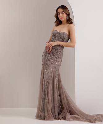 Grey soft net embellished crystal sweetheart zielle mermaid trail gown 2