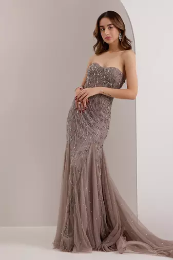 Grey soft net embellished crystal sweetheart zielle mermaid trail gown