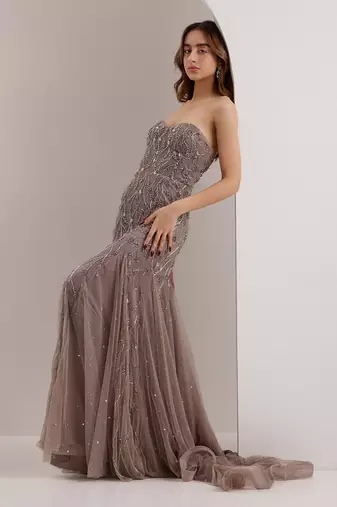 Grey soft net embellished crystal sweetheart zielle mermaid trail gown