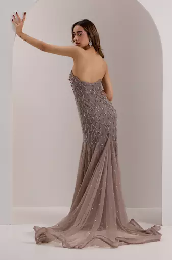 Grey soft net embellished crystal sweetheart zielle mermaid trail gown