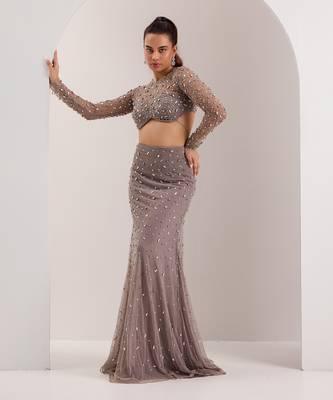 Grey mix crystal embroidery soft net lycra skirt set 1