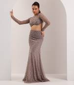 Grey mix crystal embroidery soft net lycra skirt set