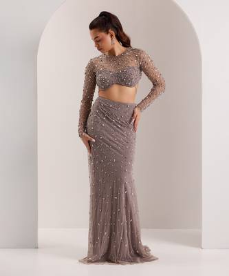 Grey mix crystal embroidery soft net lycra skirt set 2