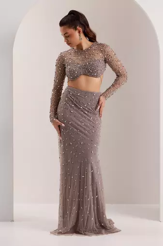 Grey mix crystal embroidery soft net lycra skirt set