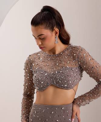 Grey mix crystal embroidery soft net lycra skirt set 3