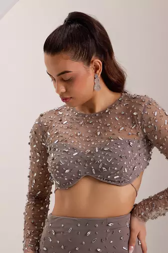 Grey mix crystal embroidery soft net lycra skirt set