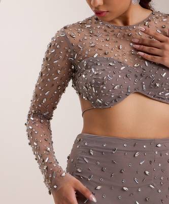 Grey mix crystal embroidery soft net lycra skirt set 4