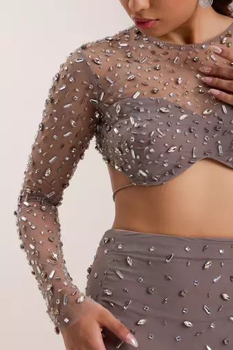 Grey mix crystal embroidery soft net lycra skirt set