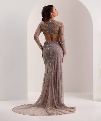 Grey mix crystal embroidery soft net lycra skirt set 5