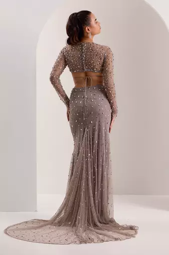 Grey mix crystal embroidery soft net lycra skirt set