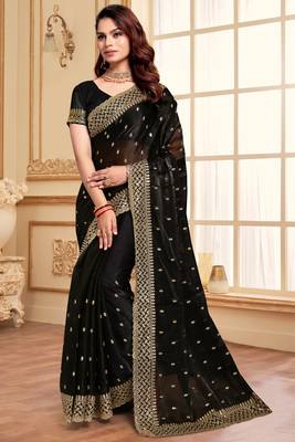 Sequence Embroidered Border Art Silk Saree In Black With Matching Blouse Piece 1