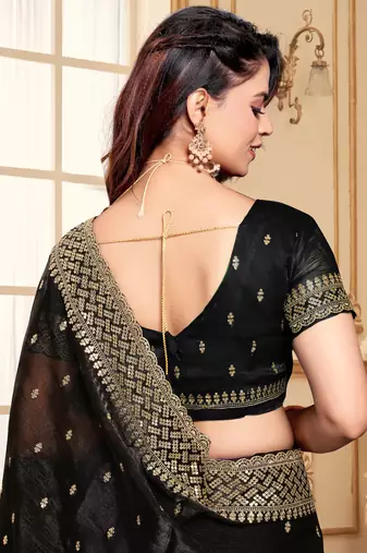 Sequence Embroidered Border Art Silk Saree In Black With Matching Blouse Piece