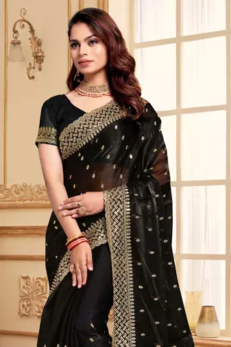 Sequence Embroidered Border Art Silk Saree In Black With Matching Blouse Piece