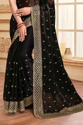 Sequence Embroidered Border Art Silk Saree In Black With Matching Blouse Piece 4