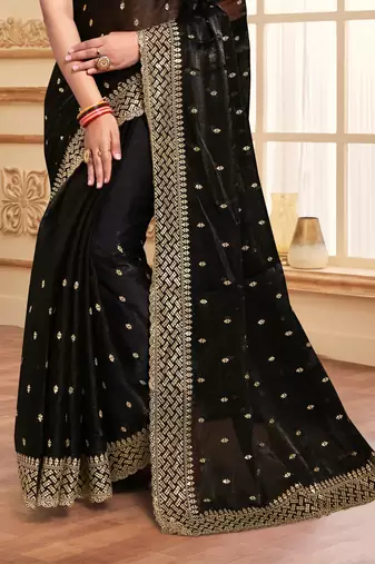 Sequence Embroidered Border Art Silk Saree In Black With Matching Blouse Piece